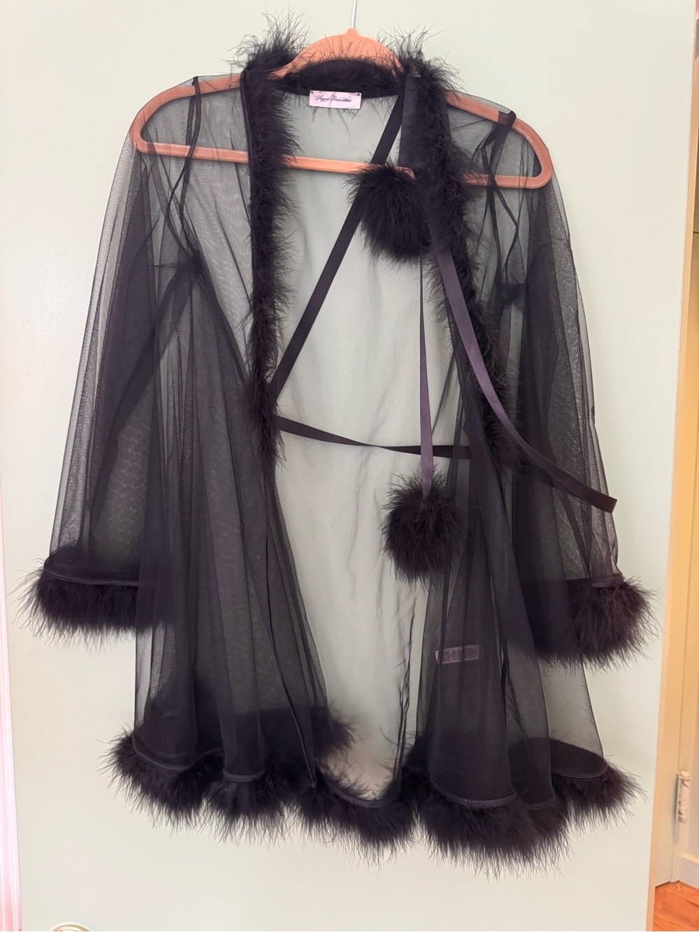Agent Provocateur Black Sheer Marabou-Trim Robe with Pom Ties